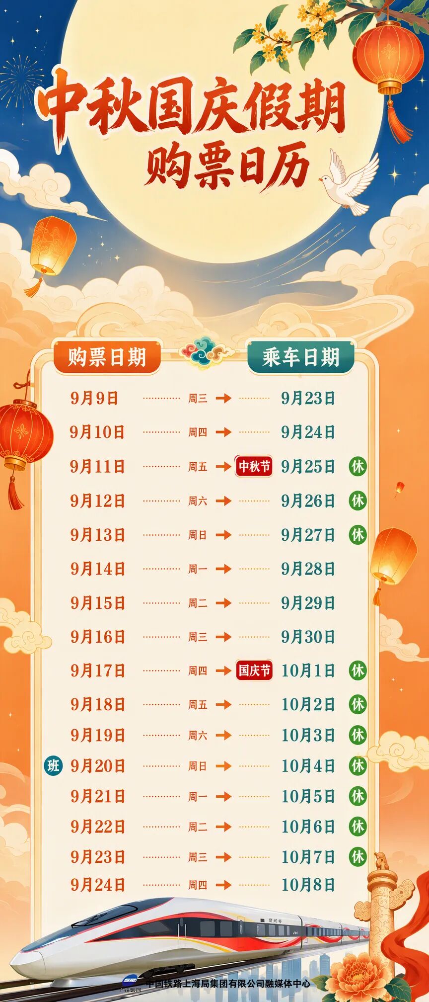 中秋国庆假期购票日历